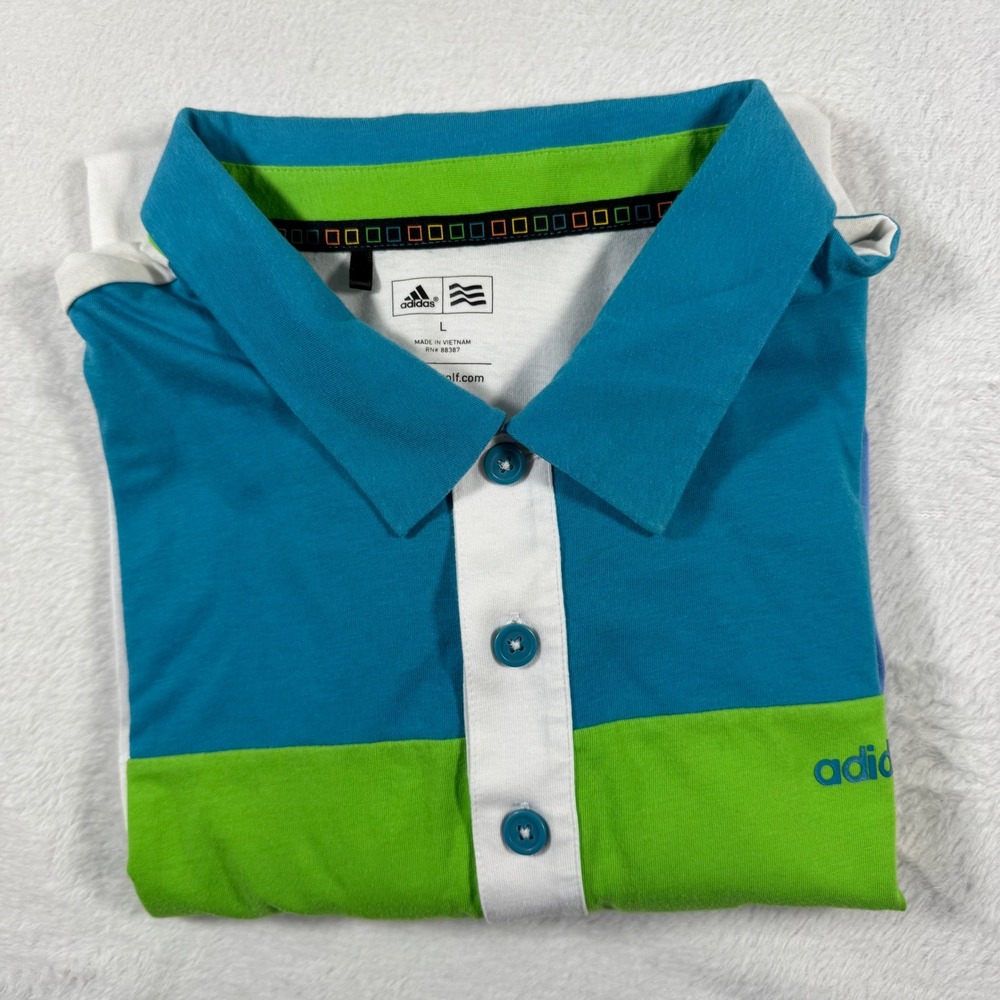 Adidas Golf Polo Shirt Mens Large White Teal Blue Green Excellent Colorblock - Picture 9 of 14